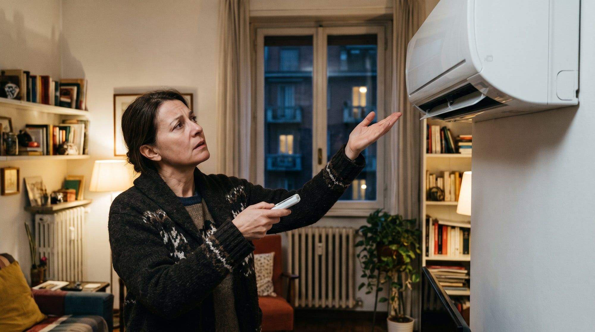 Donna con il telecomando davanti al climatizzatore che non scalda, in un appartamento di Milano d'inverno