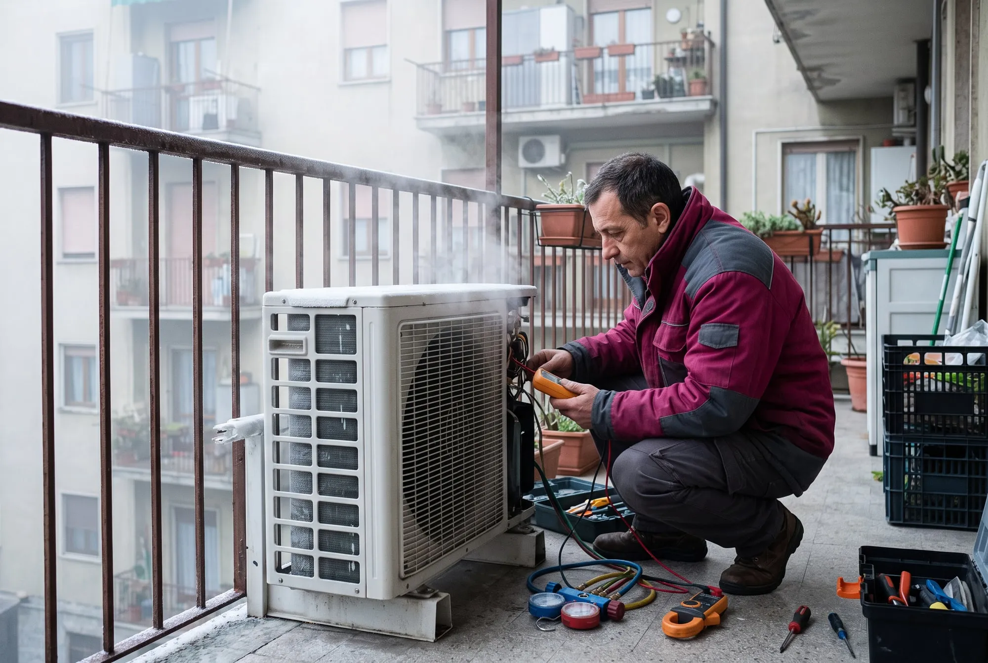 Tecnico controlla l’unità esterna di un climatizzatore sul balcone in una mattina d’inverno