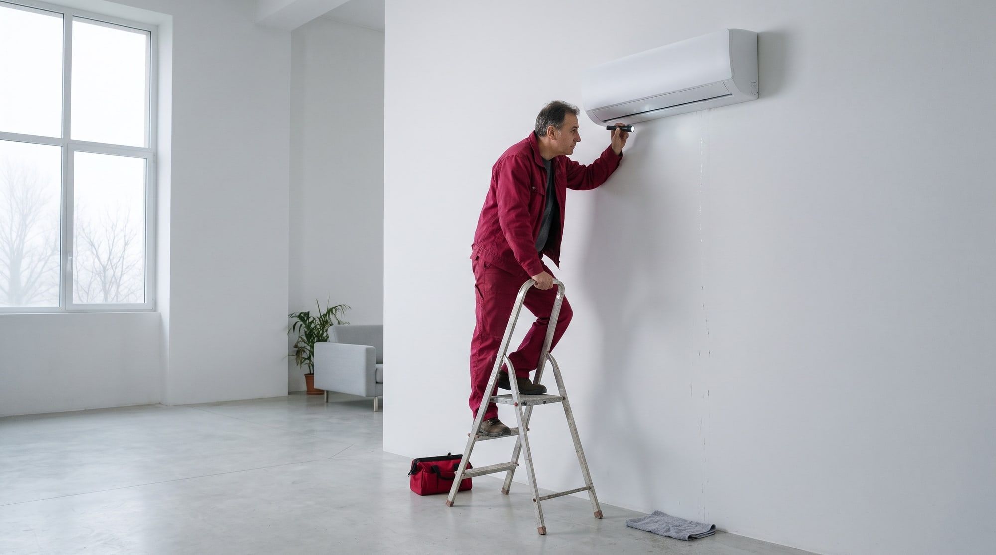 Tecnico in divisa rosso lampone su una scaletta controlla con una torcia il lato inferiore di un climatizzatore a parete, con una traccia d'acqua sul muro bianco e un panno a terra