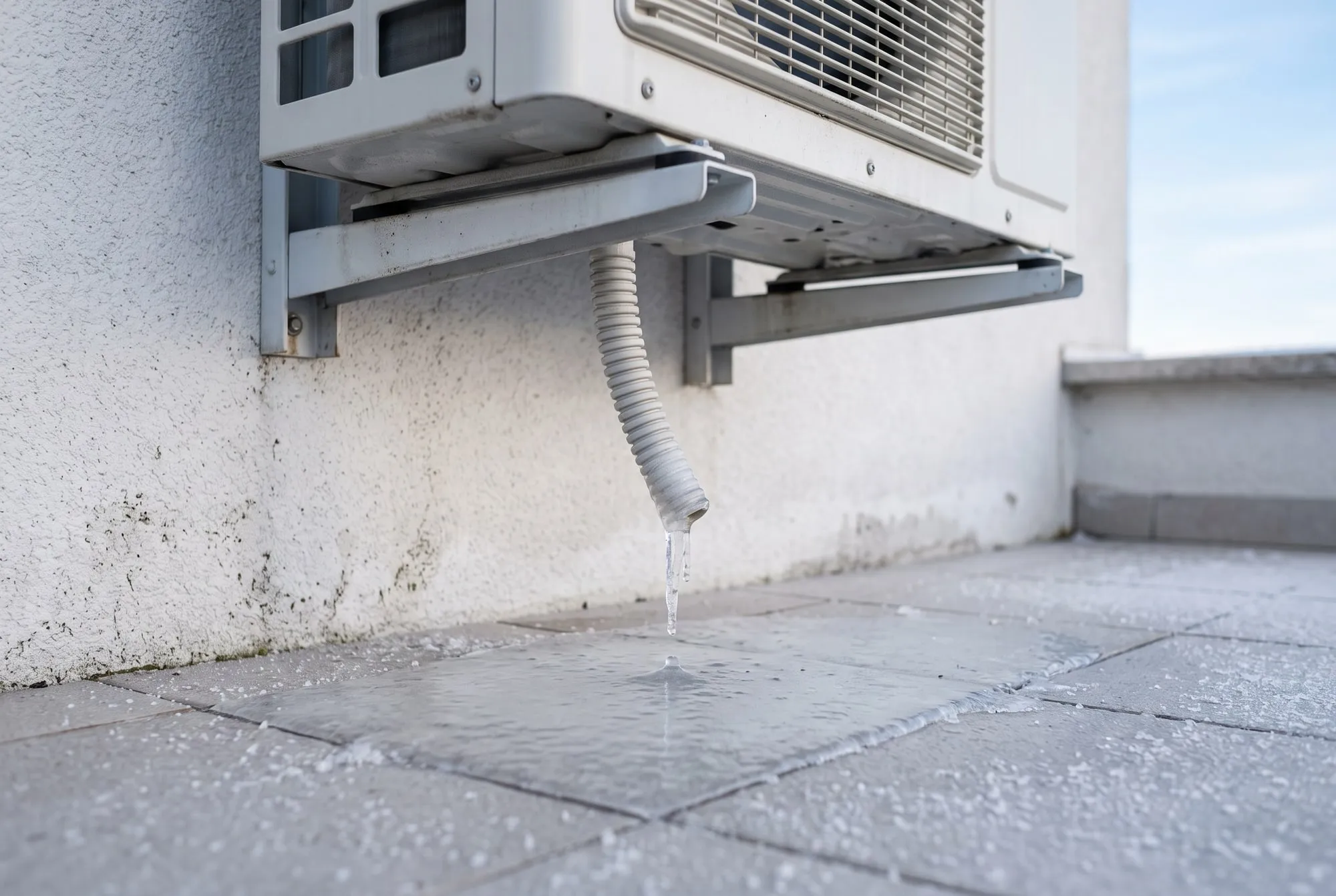 Tubo di scarico della condensa sotto un’unità esterna su staffe, chiuso da un ghiacciolo, con un velo di ghiaccio sulle piastrelle del terrazzo