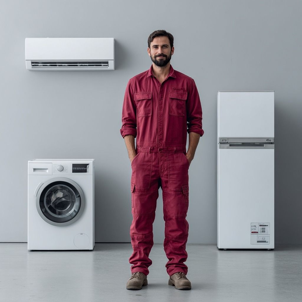 Tecnico tra un condizionatore, una lavatrice e un frigorifero