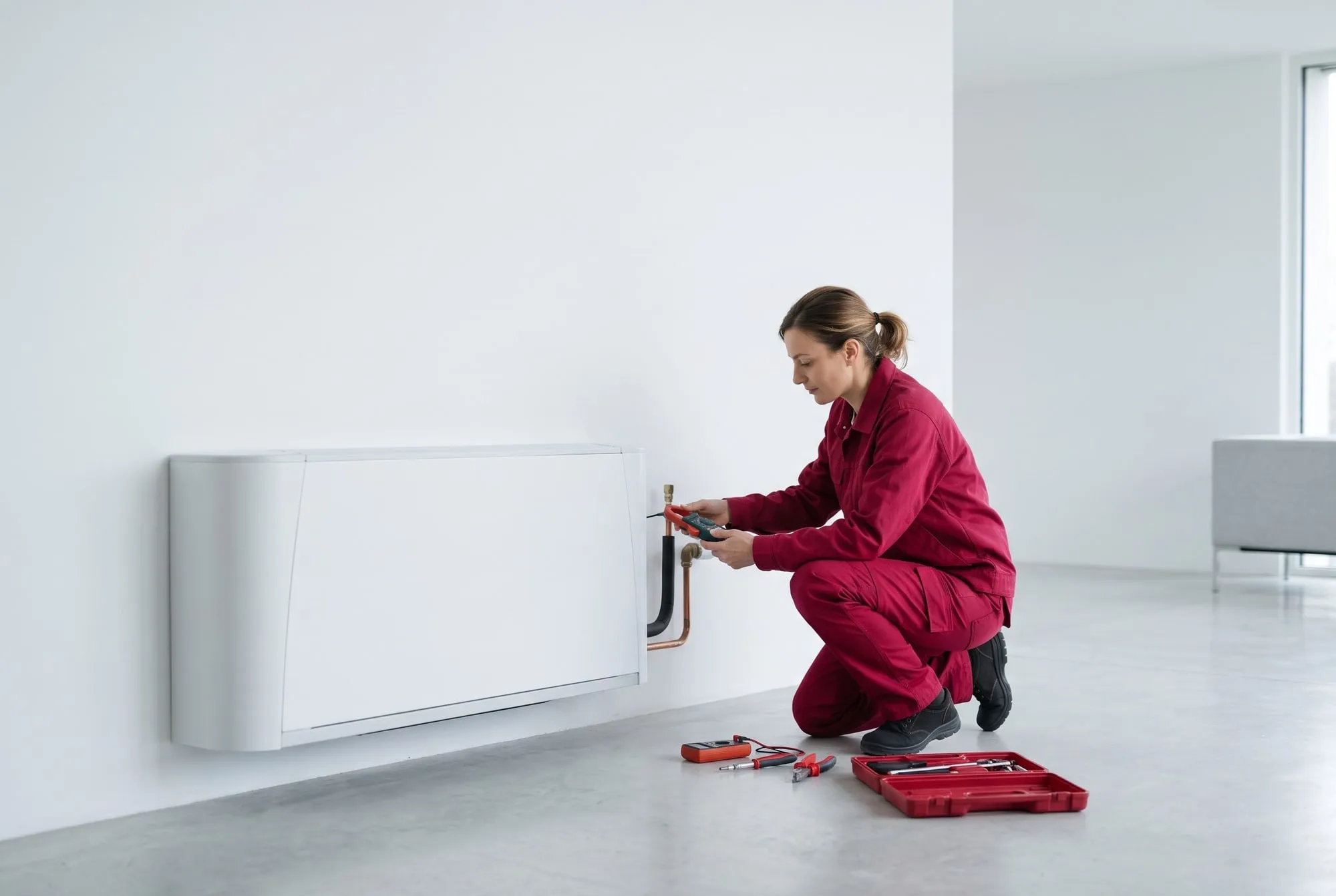Tecnica in divisa rosso lampone misura con una sonda la temperatura del tubo che entra in un fan coil a parete, in una stanza bianca con il pavimento grigio chiaro