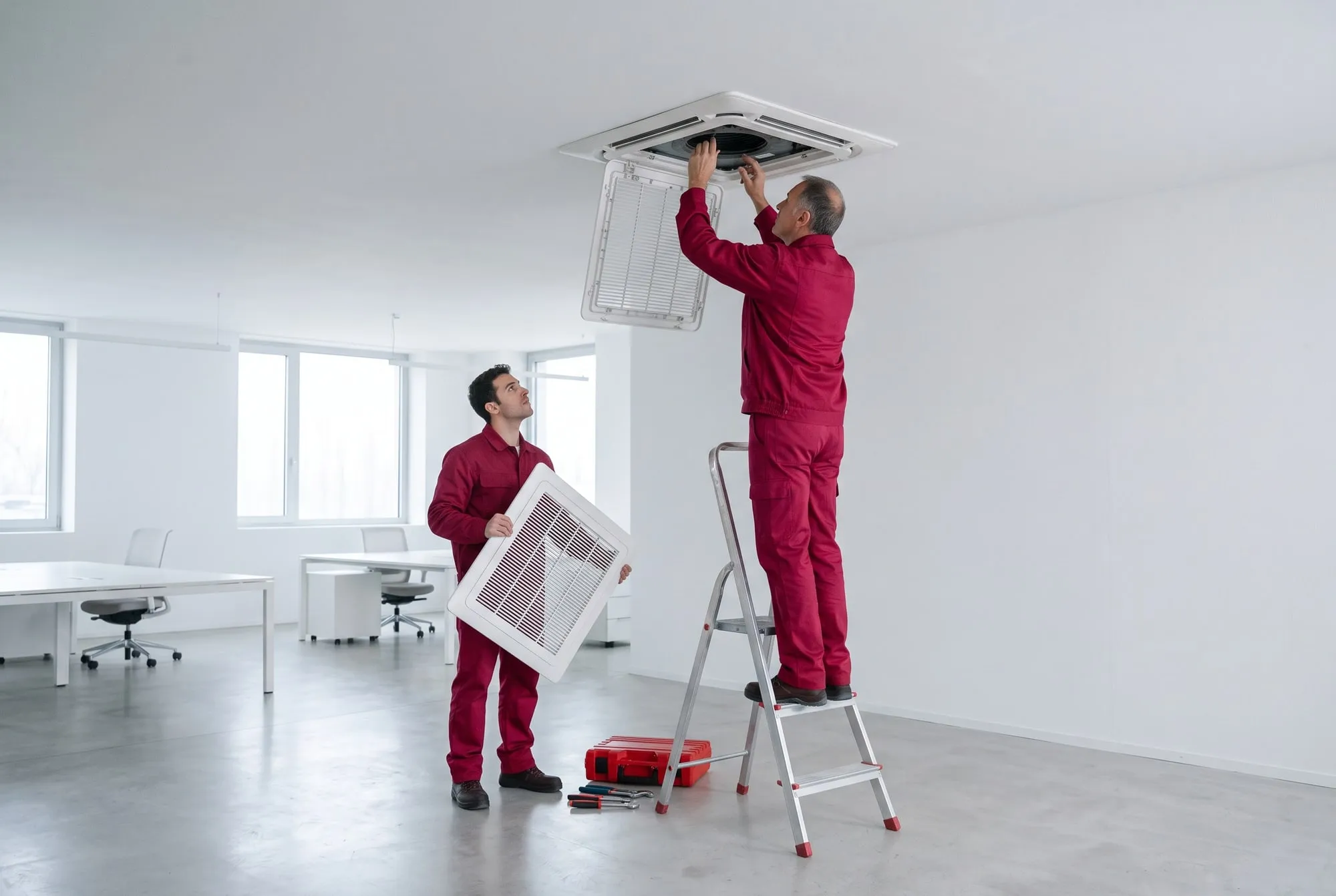 Due tecnici in divisa rosso lampone controllano un fan coil a cassetta nel controsoffitto di un ufficio bianco, uno sulla scala e uno che regge il pannello