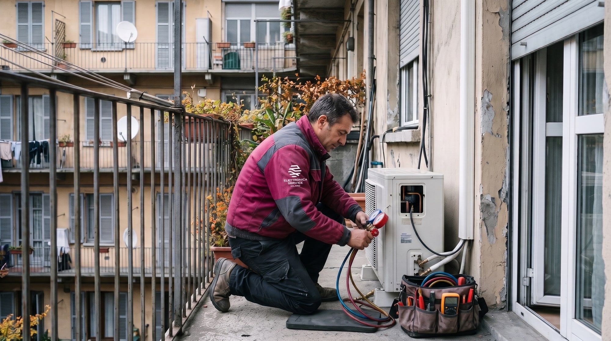 Tecnico in divisa magenta controlla l'unità esterna di una pompa di calore sul balcone di un condominio
