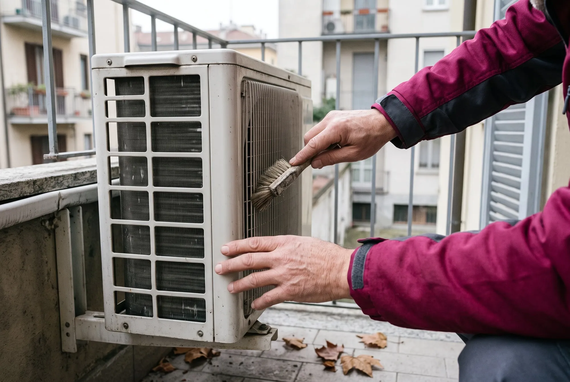 Tecnico pulisce con un pennello le alette dell’unità esterna di una pompa di calore su un balcone