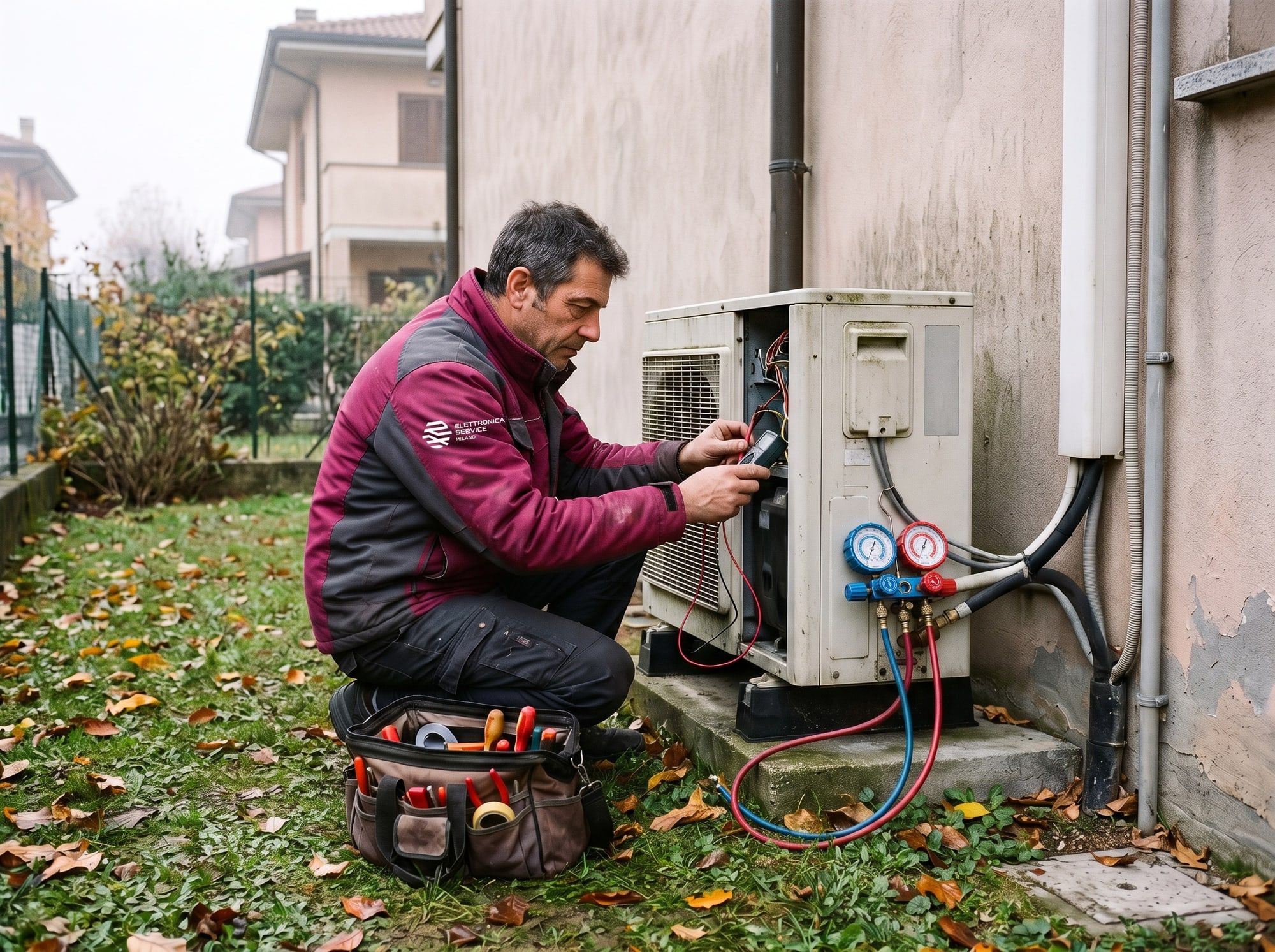 Tecnico controlla una pompa di calore nel giardino di una villetta vicino a Milano
