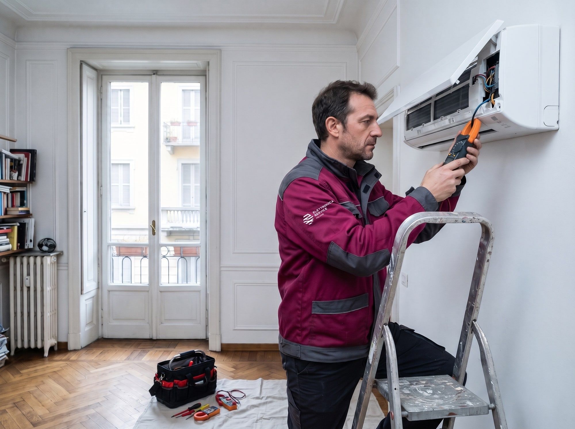 Tecnico controlla un climatizzatore a parete in un soggiorno di Milano