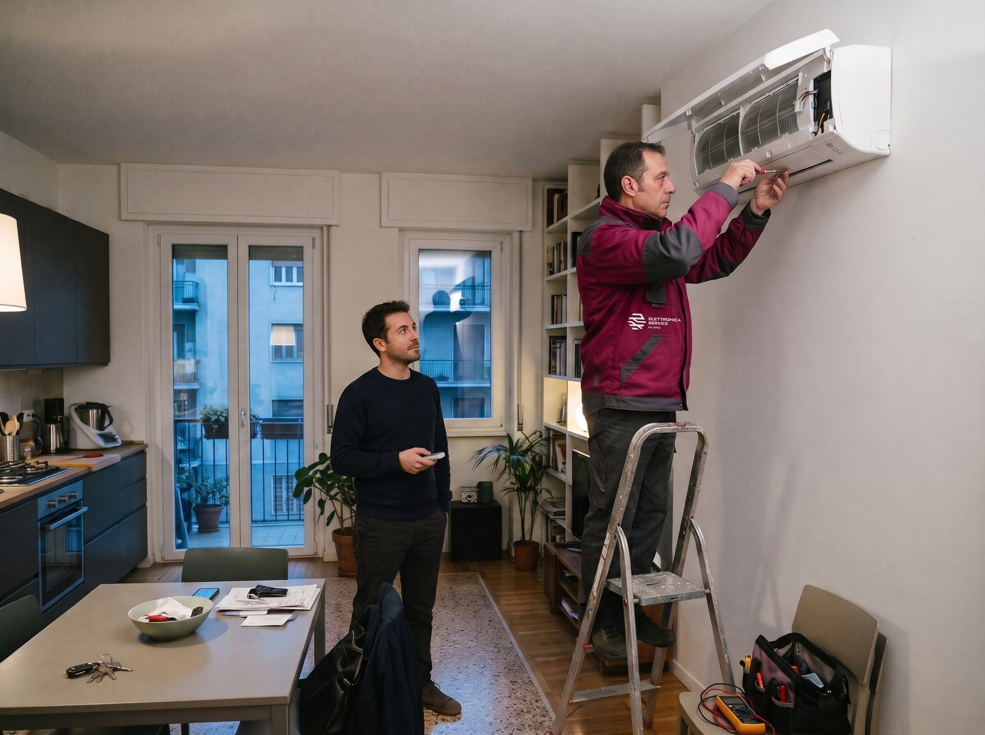 Tecnico al lavoro su un climatizzatore a parete in una cucina open space di Milano