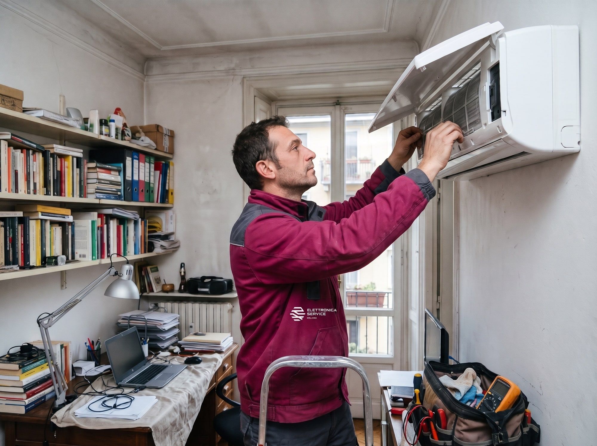 Tecnico pulisce i filtri di un climatizzatore a parete in uno studio di casa
