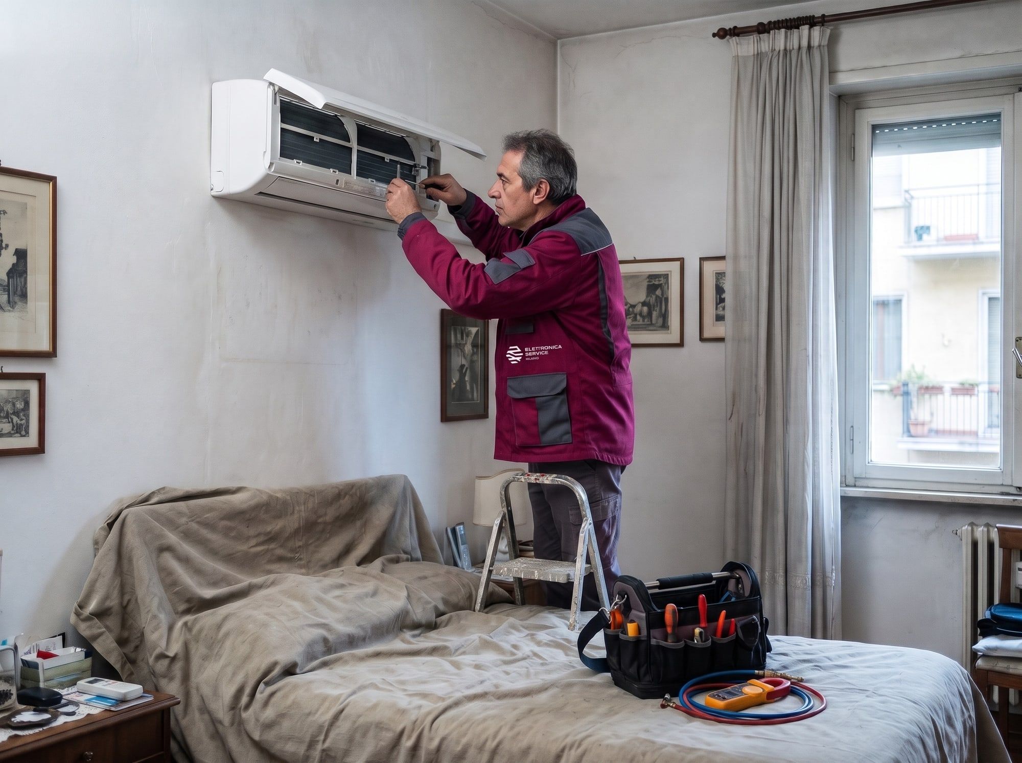 Tecnico al lavoro su un climatizzatore a parete in una camera da letto di Milano