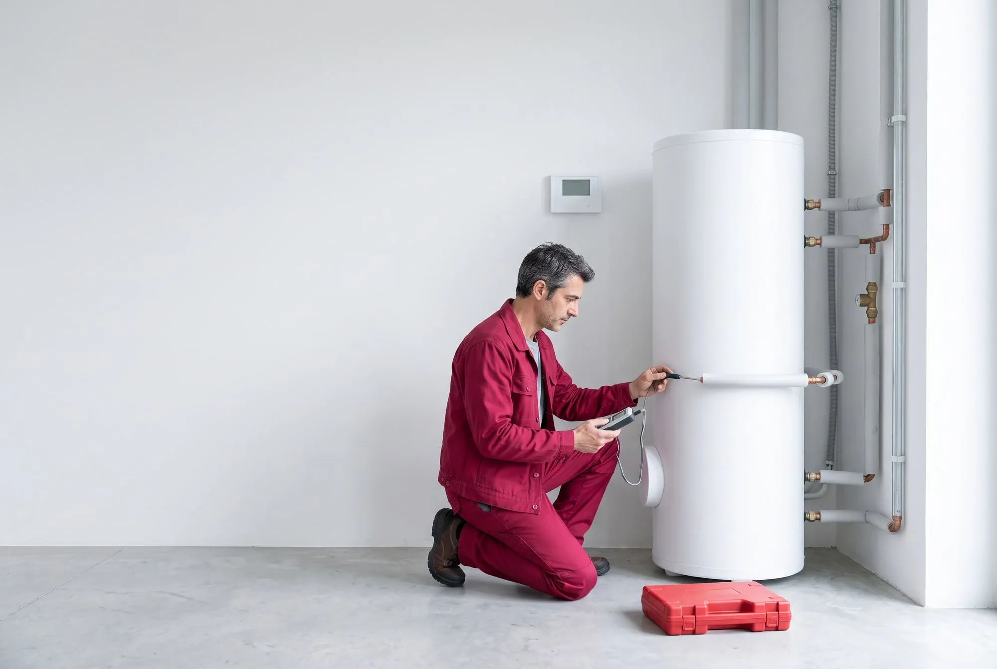 Tecnico in divisa magenta, inginocchiato accanto al bollitore bianco dell’acqua calda, misura con un termometro digitale la temperatura di un tubo di rame