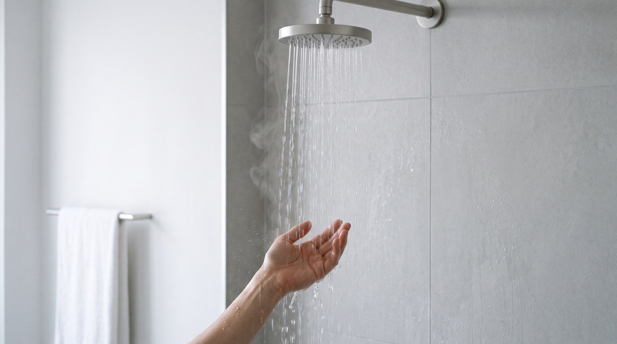 Braccio con la manica magenta di una divisa da lavoro prova la temperatura dell'acqua sotto la doccia di un bagno con piastrelle grigie