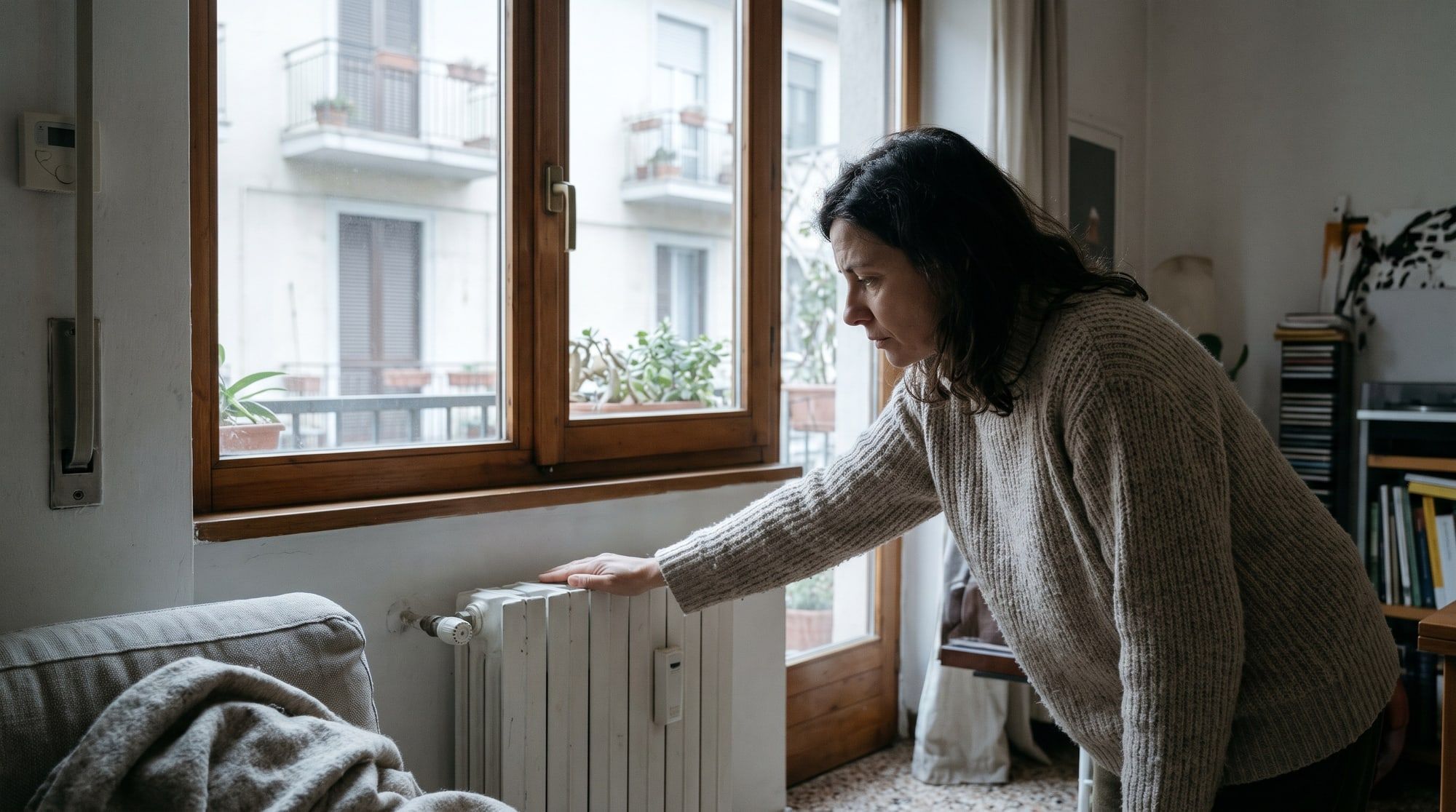 Donna con il maglione appoggia la mano su un termosifone tiepido nel soggiorno di un appartamento d'inverno