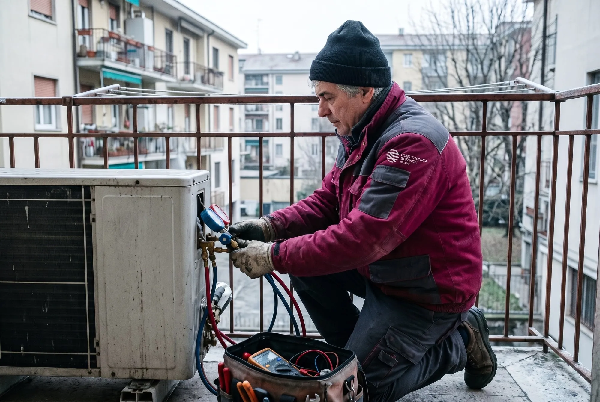 Tecnico in divisa magenta misura le pressioni del gas sull’unità esterna di una pompa di calore su un balcone d’inverno