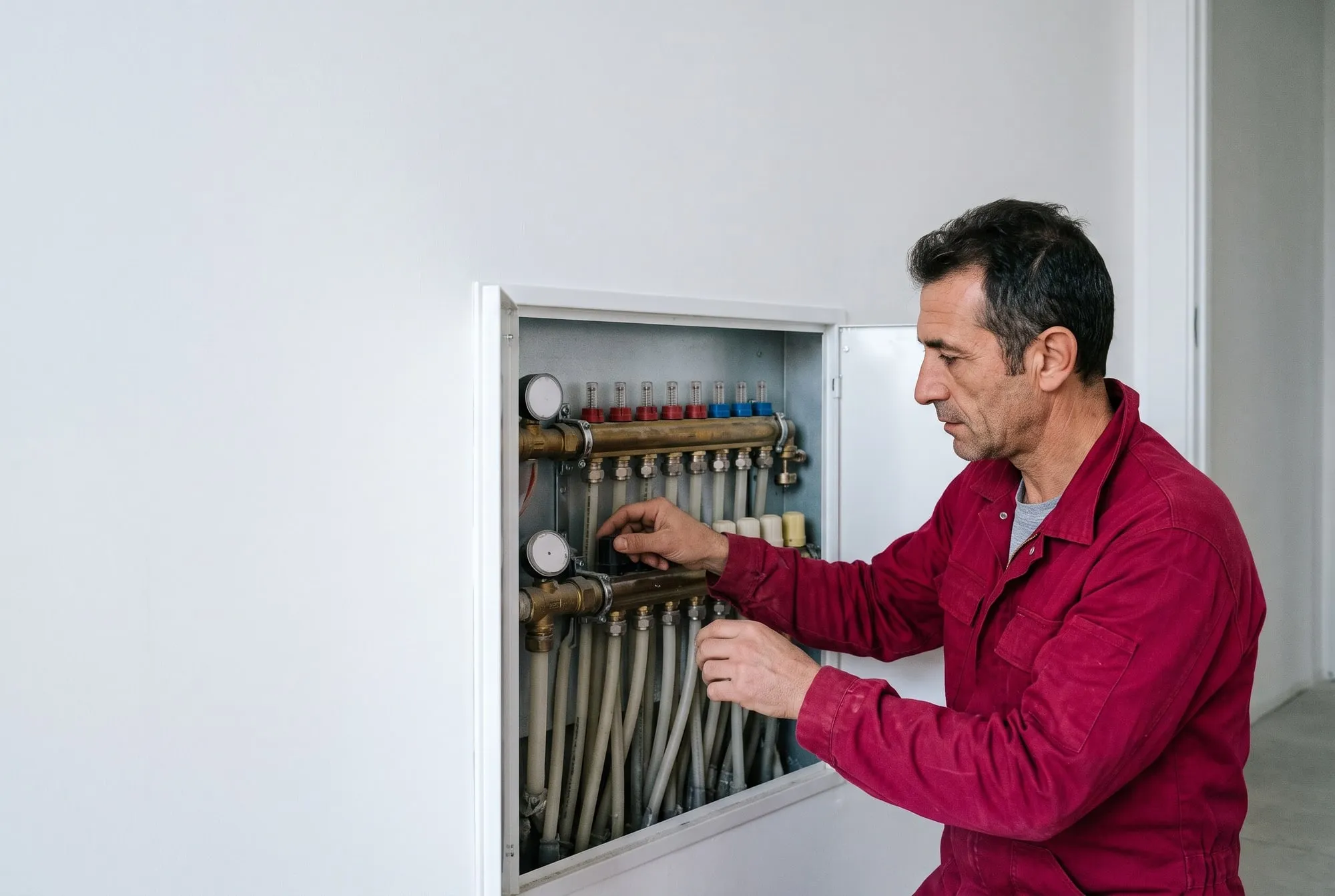 Tecnico in divisa rosso lampone regola una valvola del collettore del riscaldamento a pavimento, dentro la cassetta aperta in un corridoio bianco
