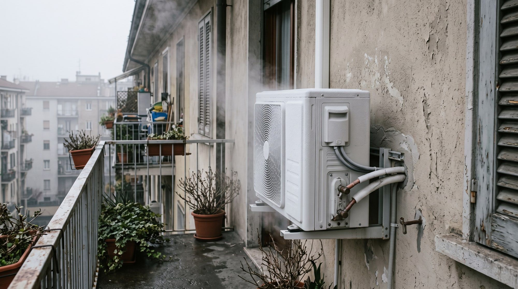 Unità esterna bianca di una pompa di calore coperta da un velo di brina, con vapore che sale, sul balcone di un condominio in una mattina di nebbia