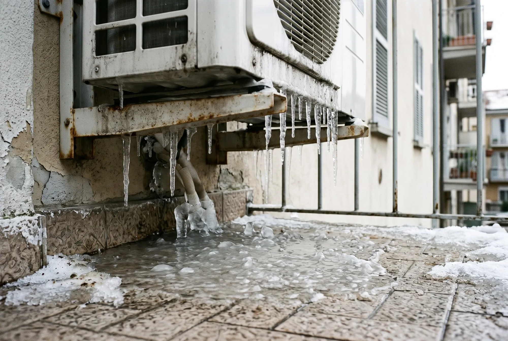 Base di un’unità esterna di pompa di calore con ghiaccioli e una lastra di ghiaccio sul pavimento del balcone sottostante
