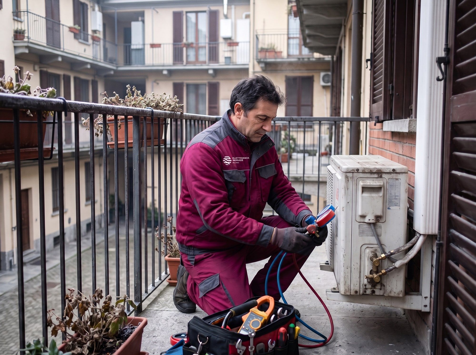 Tecnico collega il manometro alla pompa di calore sul balcone di un condominio a Milano