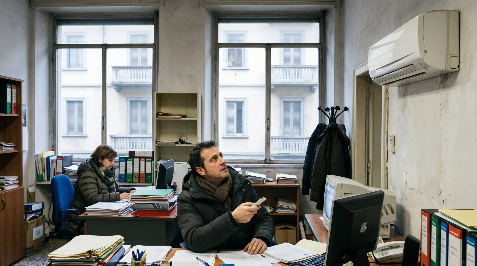 Dipendenti con il cappotto in un ufficio di Milano guardano il climatizzatore che non scalda