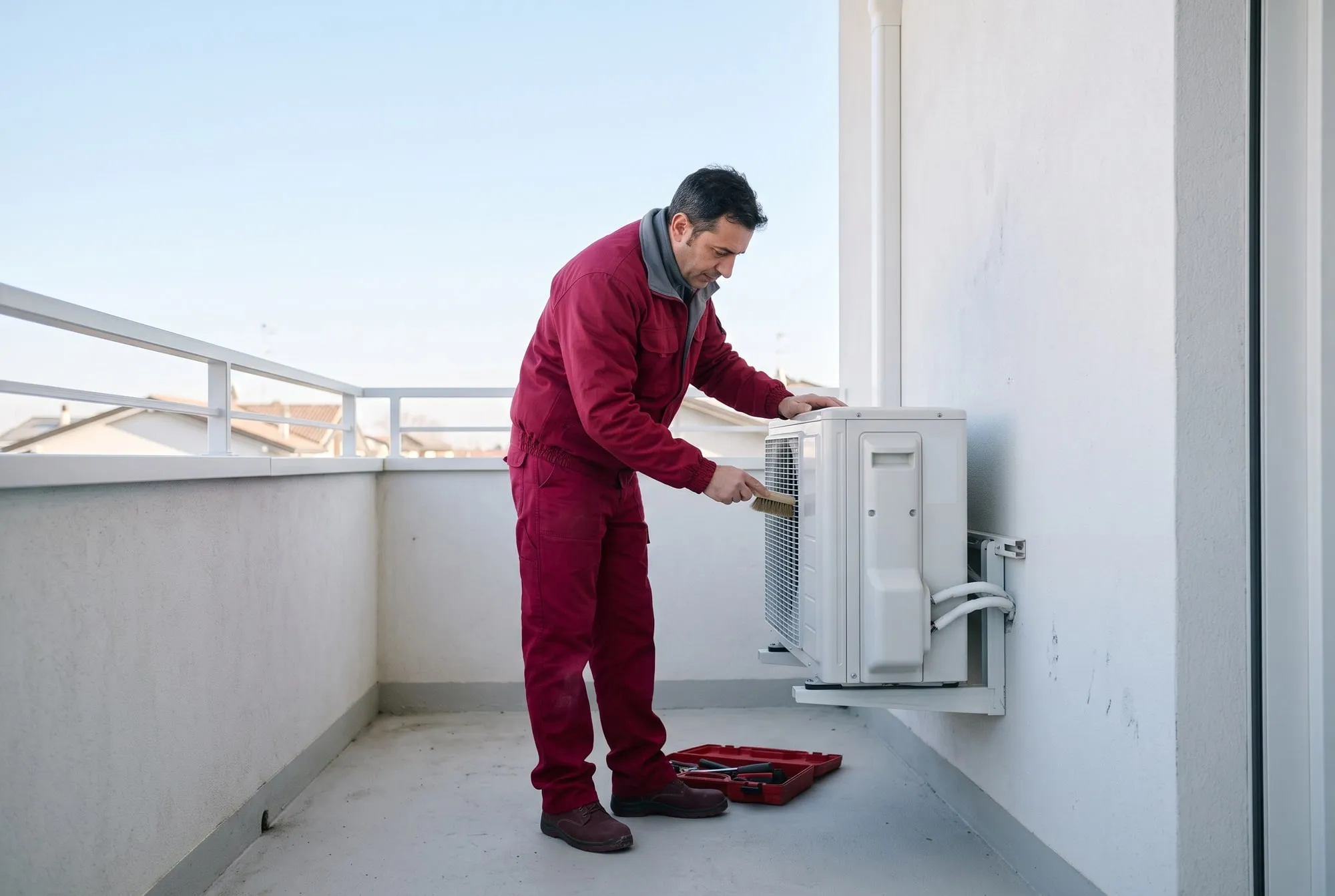 Tecnico in divisa rossa pulisce con una spazzola le alette dell’unità esterna di un climatizzatore sul balcone